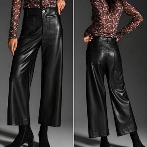 Anthropologie NEW Maeve Colette Black Wide Leg Faux Leather Pants SZ 33 PETITE